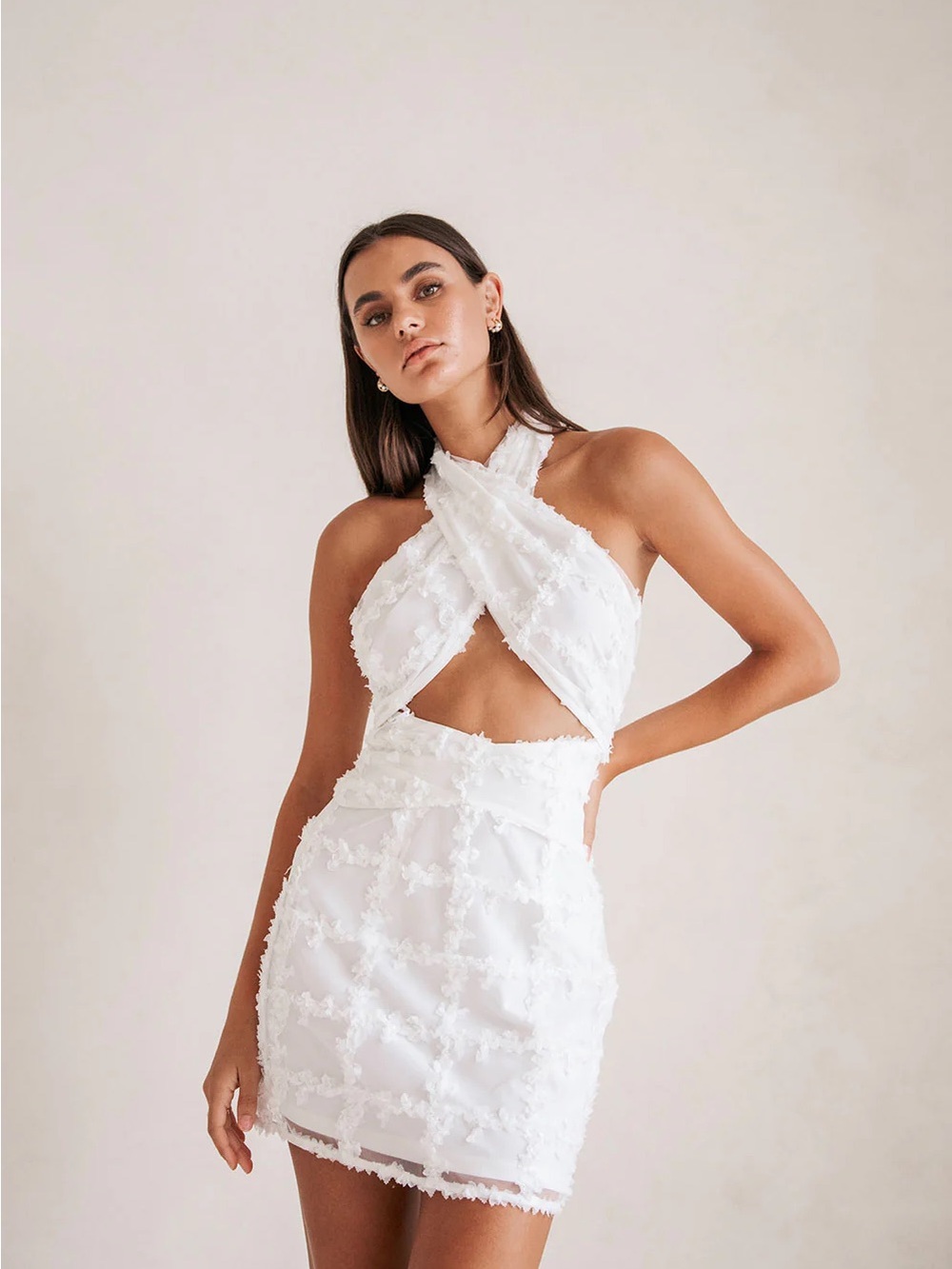 Sabo Skirt White Mini Dress with Cross Halter Top